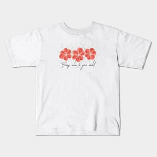 Watercolor Pink Flowers with Teal Leaves Kids T-Shirt